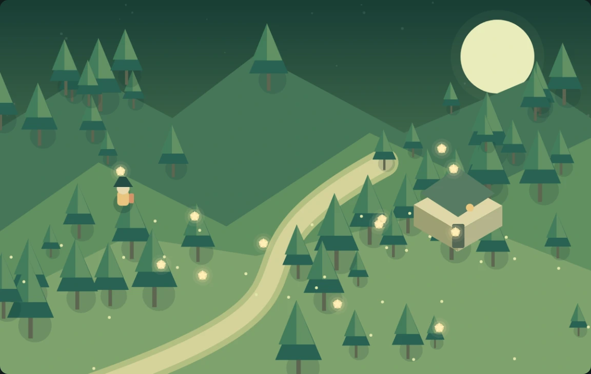 Original woodland game scene with a winding trail, golden seeds and a tiny explorer